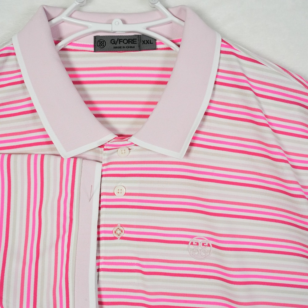 G/FORE Pink and White Striped Polo Shirt